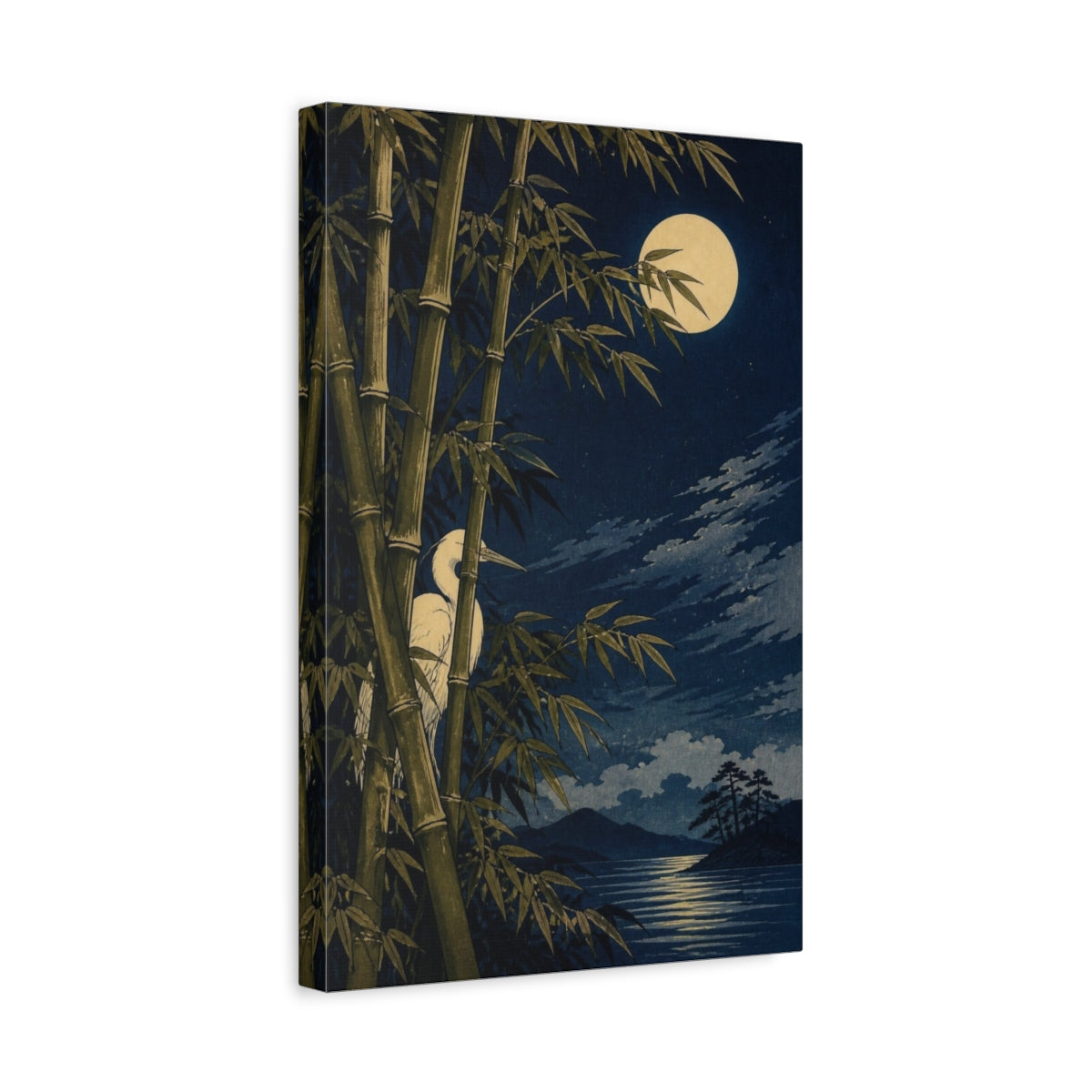 Side Mockup 4. Japanese Moonlit Heron shown as canvas print