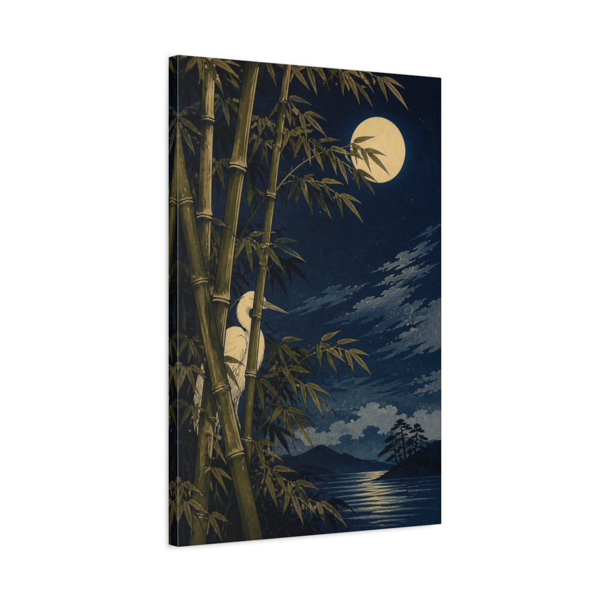 Side Mockup 2. Japanese Moonlit Heron shown as canvas print