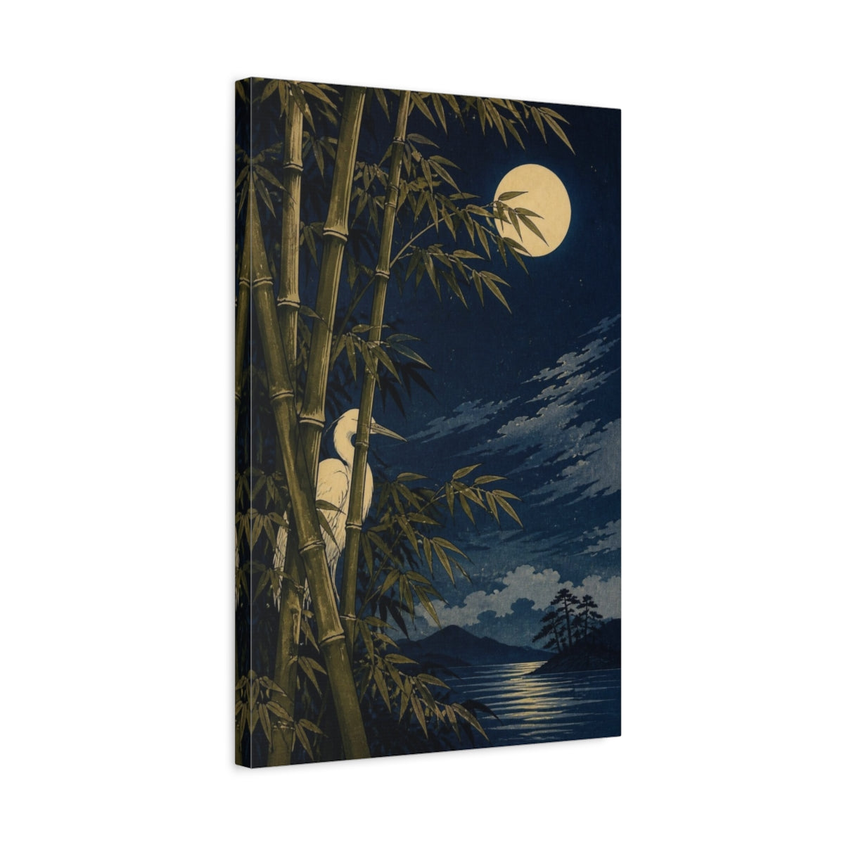 Side Mockup 3. Japanese Moonlit Heron shown as canvas print