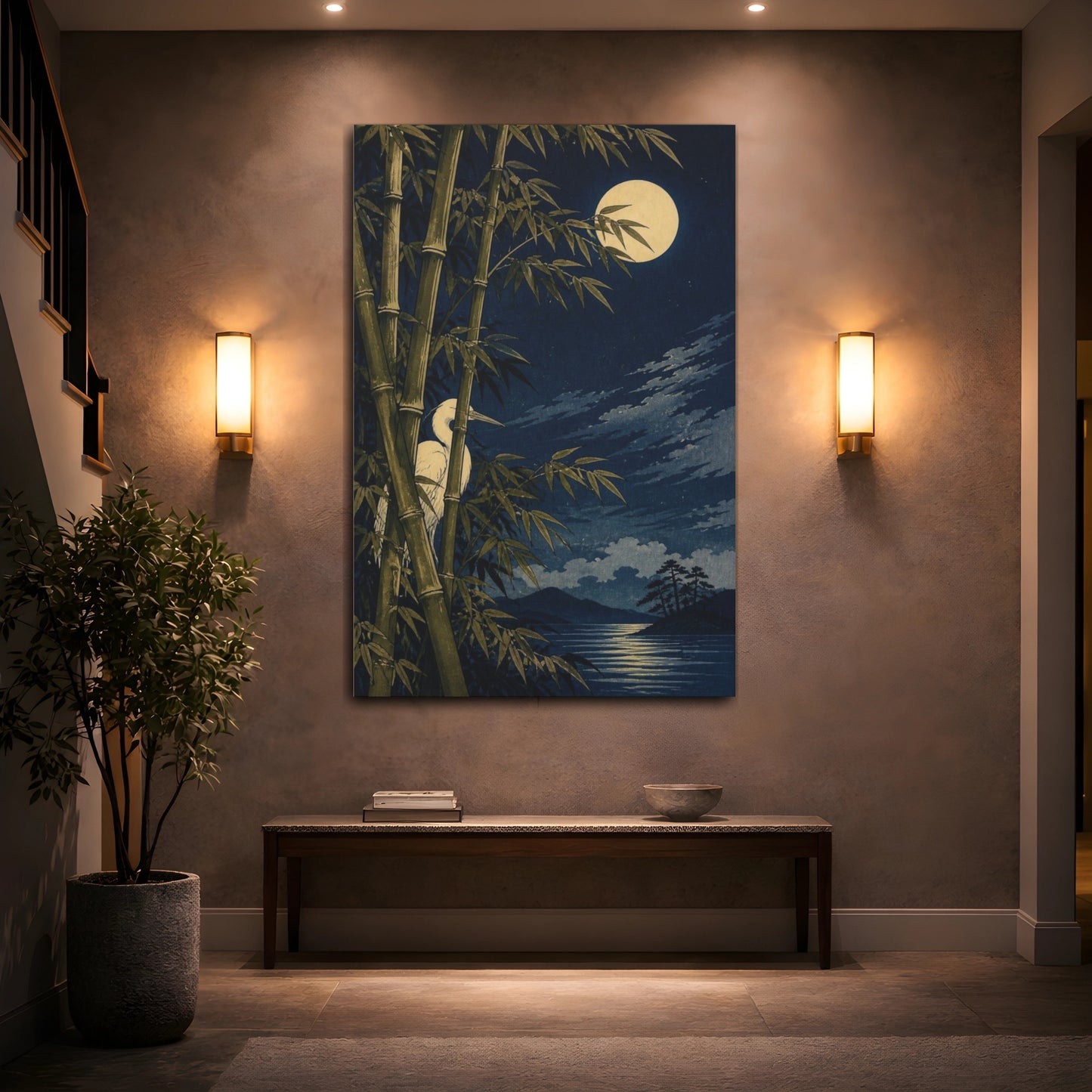 Mockup 2. Japanese Moonlit Heron shown as canvas print