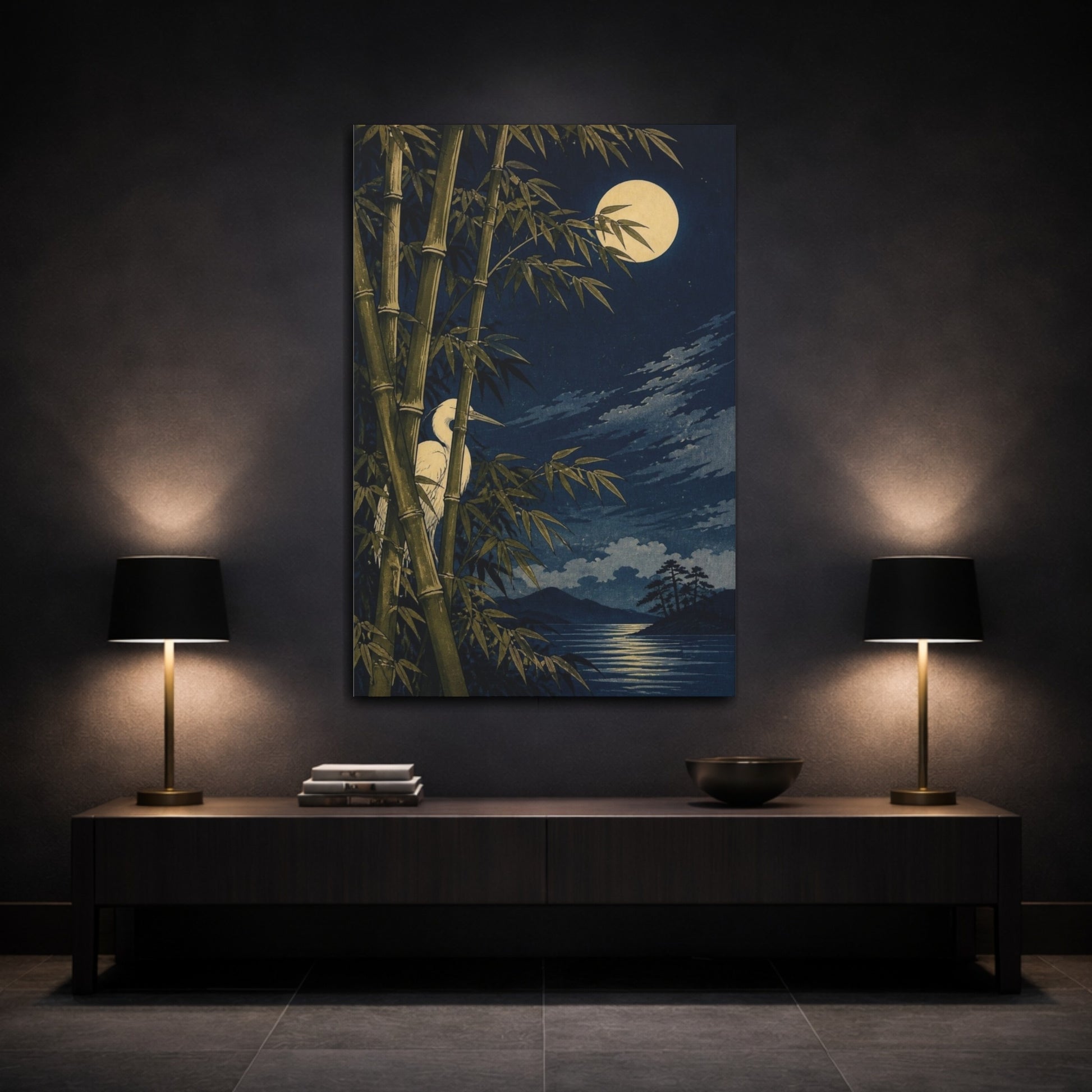 Mockup 3. Japanese Moonlit Heron shown as canvas print