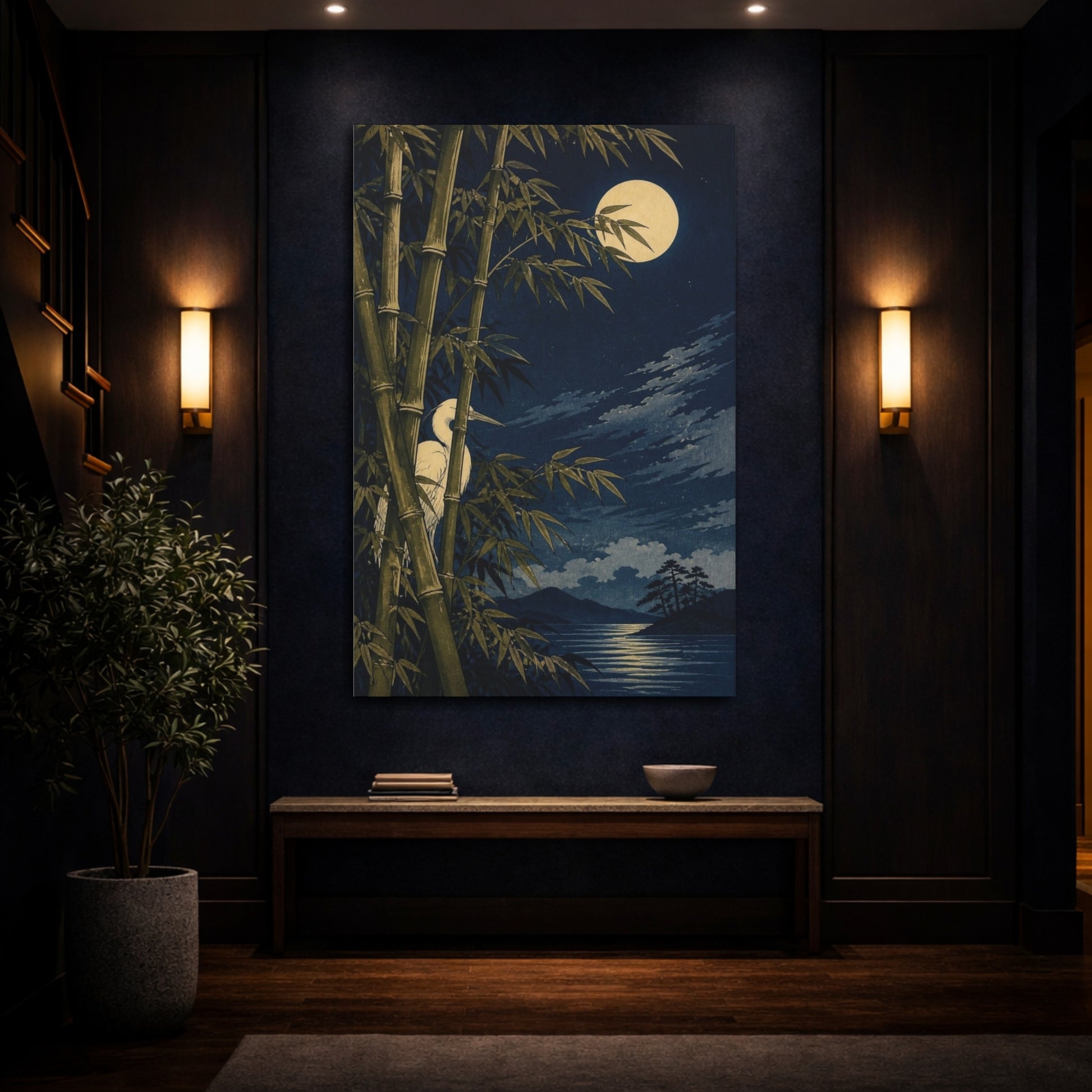 Mockup 4. Japanese Moonlit Heron shown as canvas print