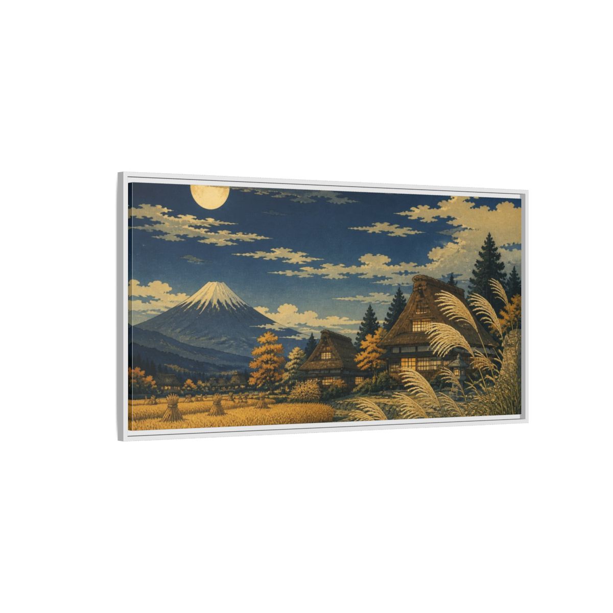 Side Mockup 3. Japanese Moonlit Mountain Village shown as framed canvas print