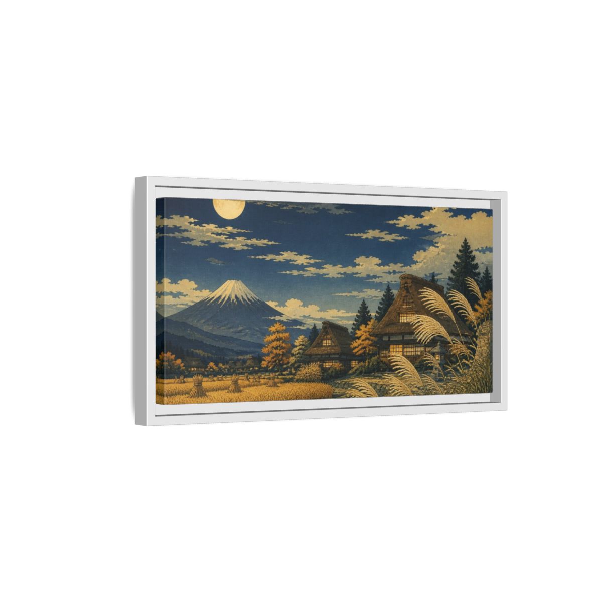 Side Mockup 6. Japanese Moonlit Mountain Village shown as framed canvas print