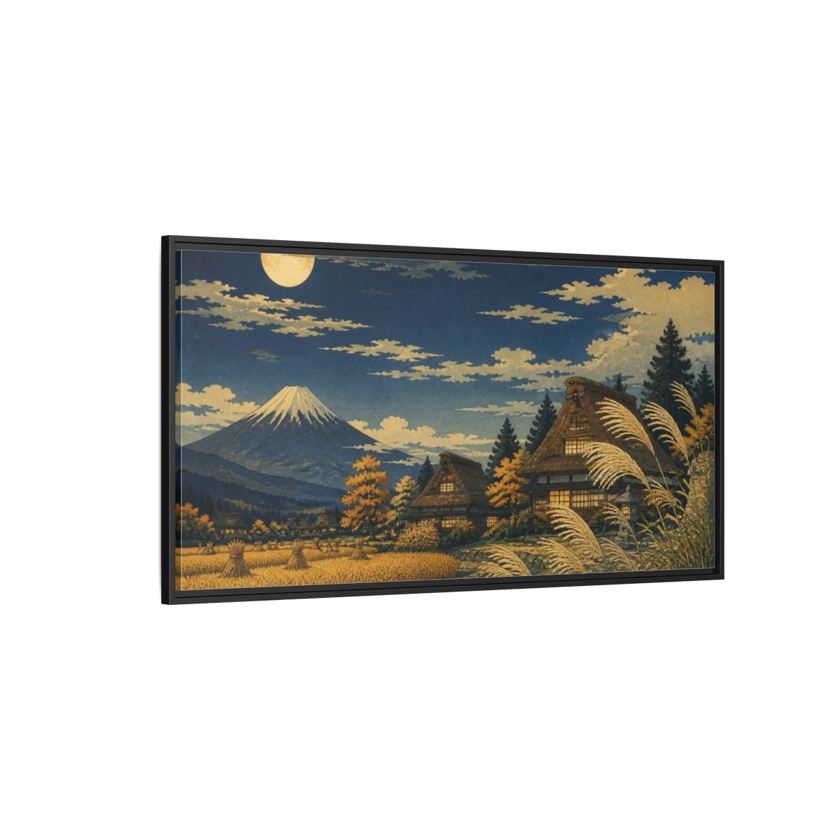 Side Mockup 5. Japanese Moonlit Mountain Village shown as framed canvas print
