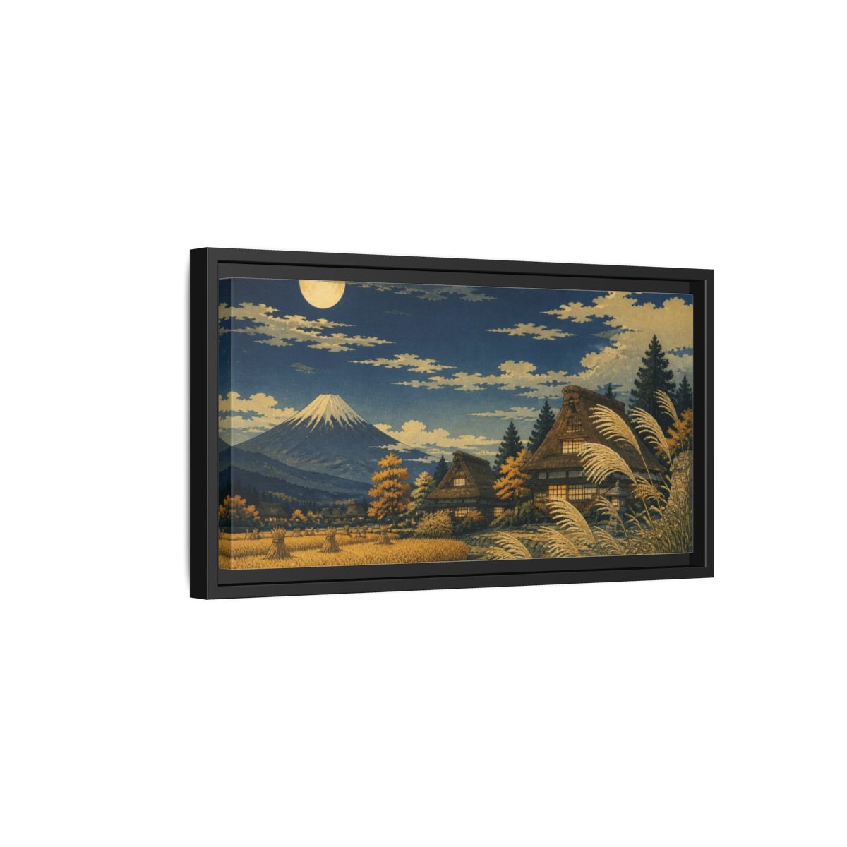 Side Mockup 8. Japanese Moonlit Mountain Village shown as framed canvas print