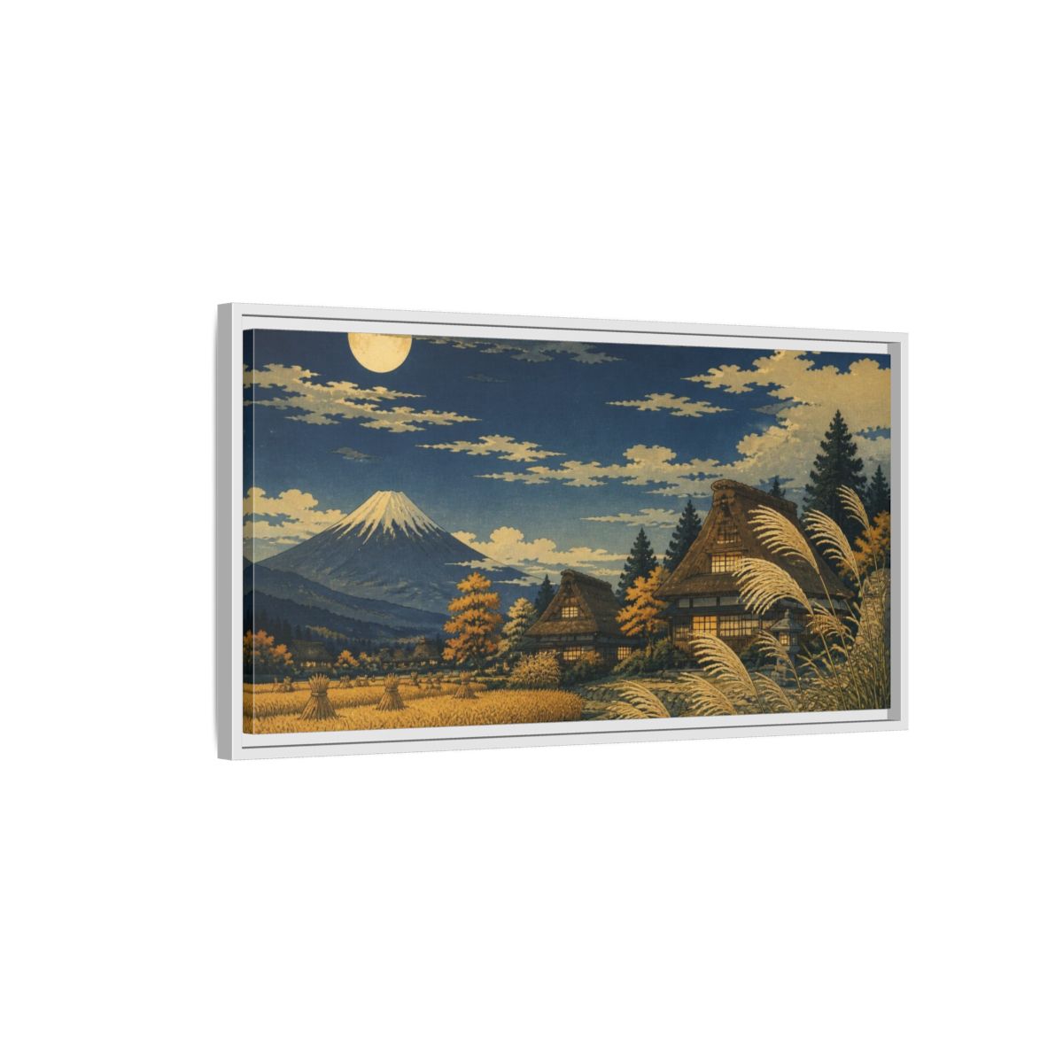 Side Mockup 1. Japanese Moonlit Mountain Village shown as framed canvas print