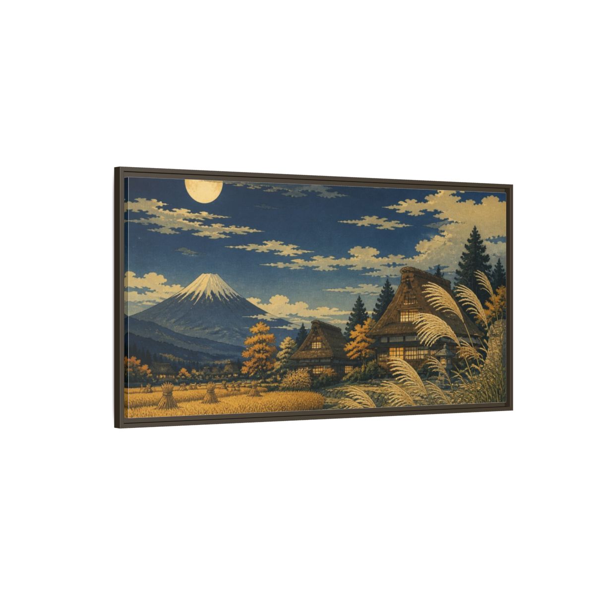 Side Mockup 4. Japanese Moonlit Mountain Village shown as framed canvas print