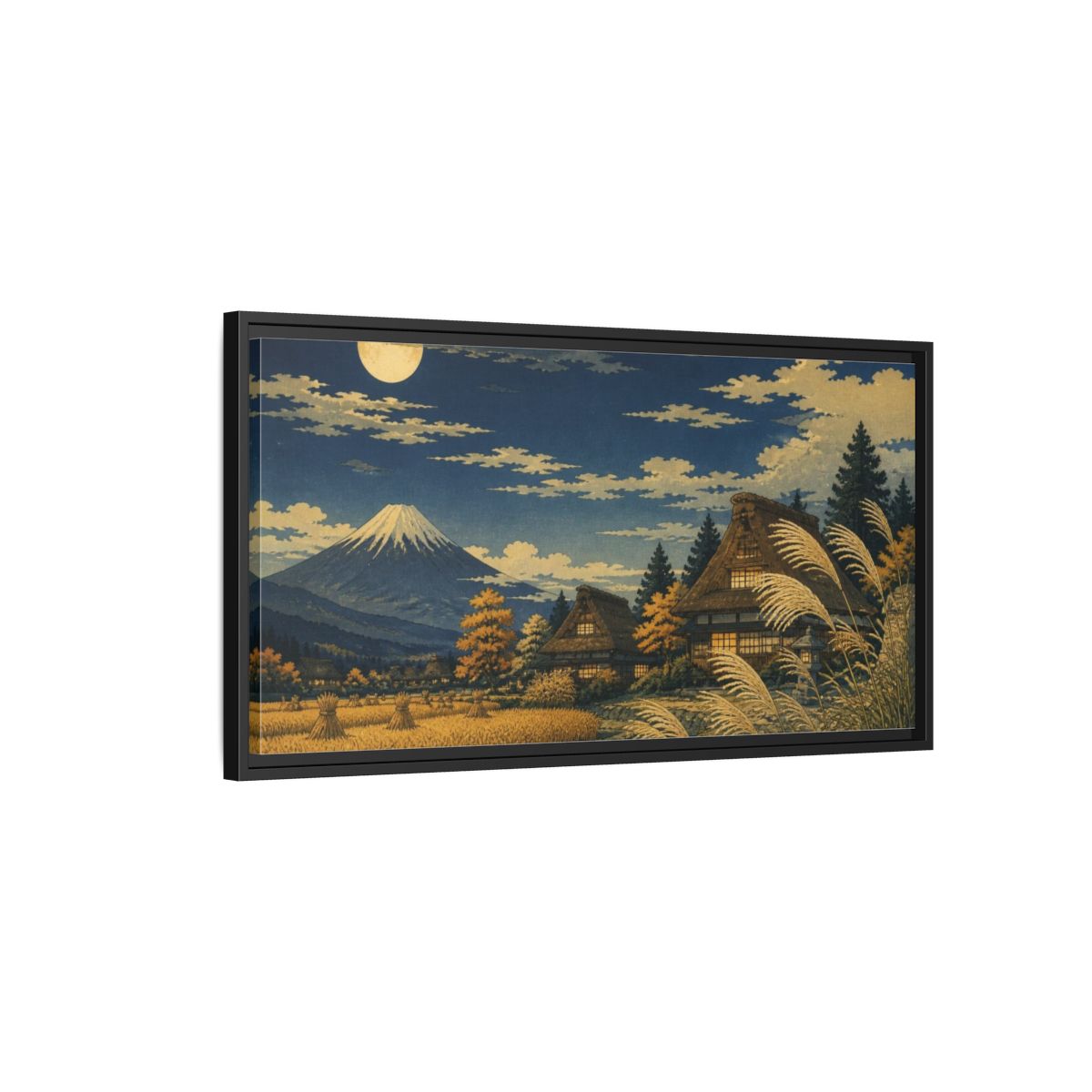 Side Mockup 2. Japanese Moonlit Mountain Village shown as framed canvas print