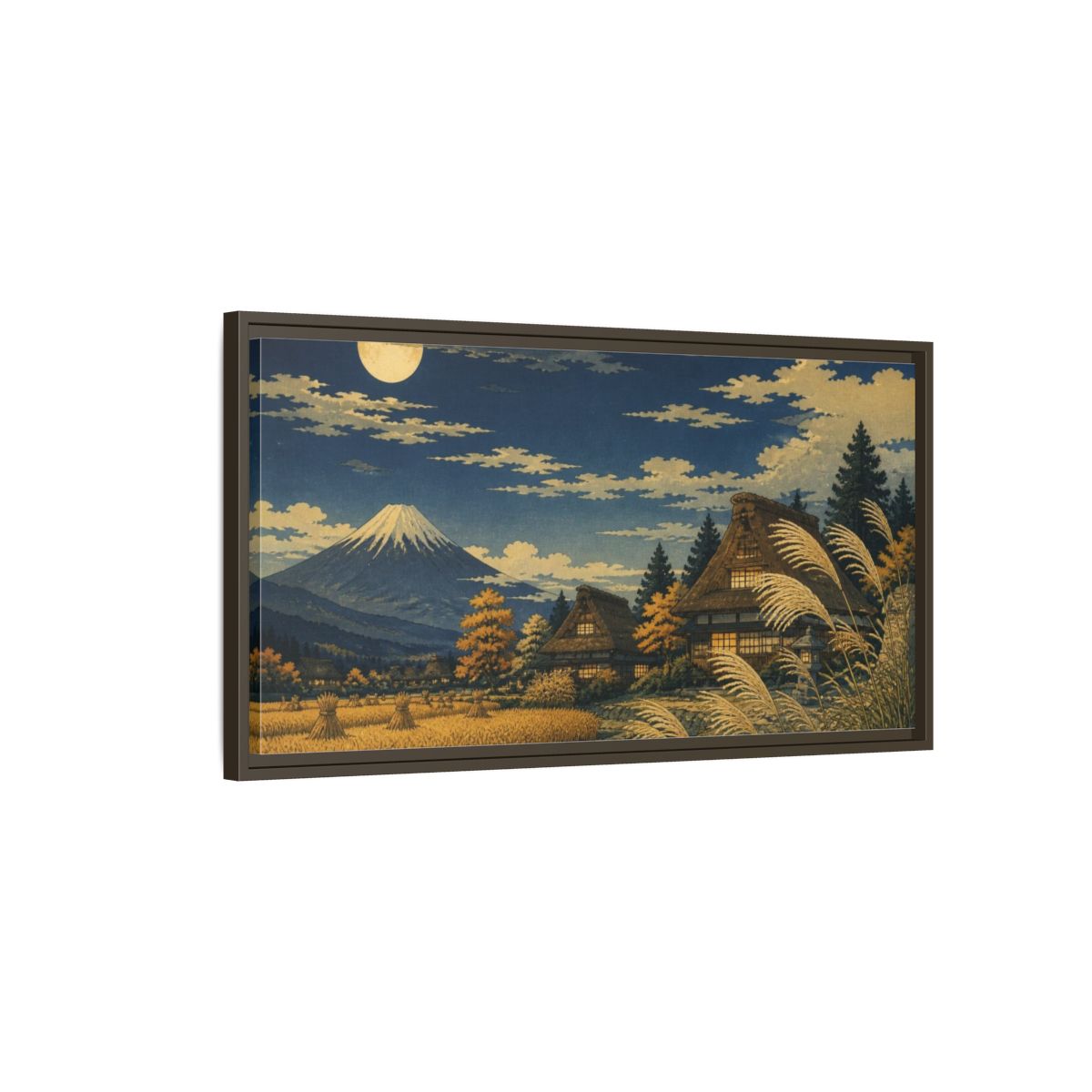 Main Mockup. Japanese Moonlit Mountain Village shown as framed canvas print