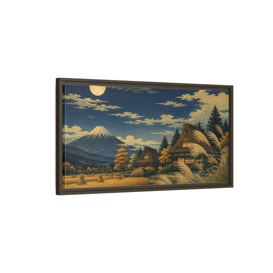 Main Mockup. Japanese Moonlit Mountain Village shown as framed canvas print