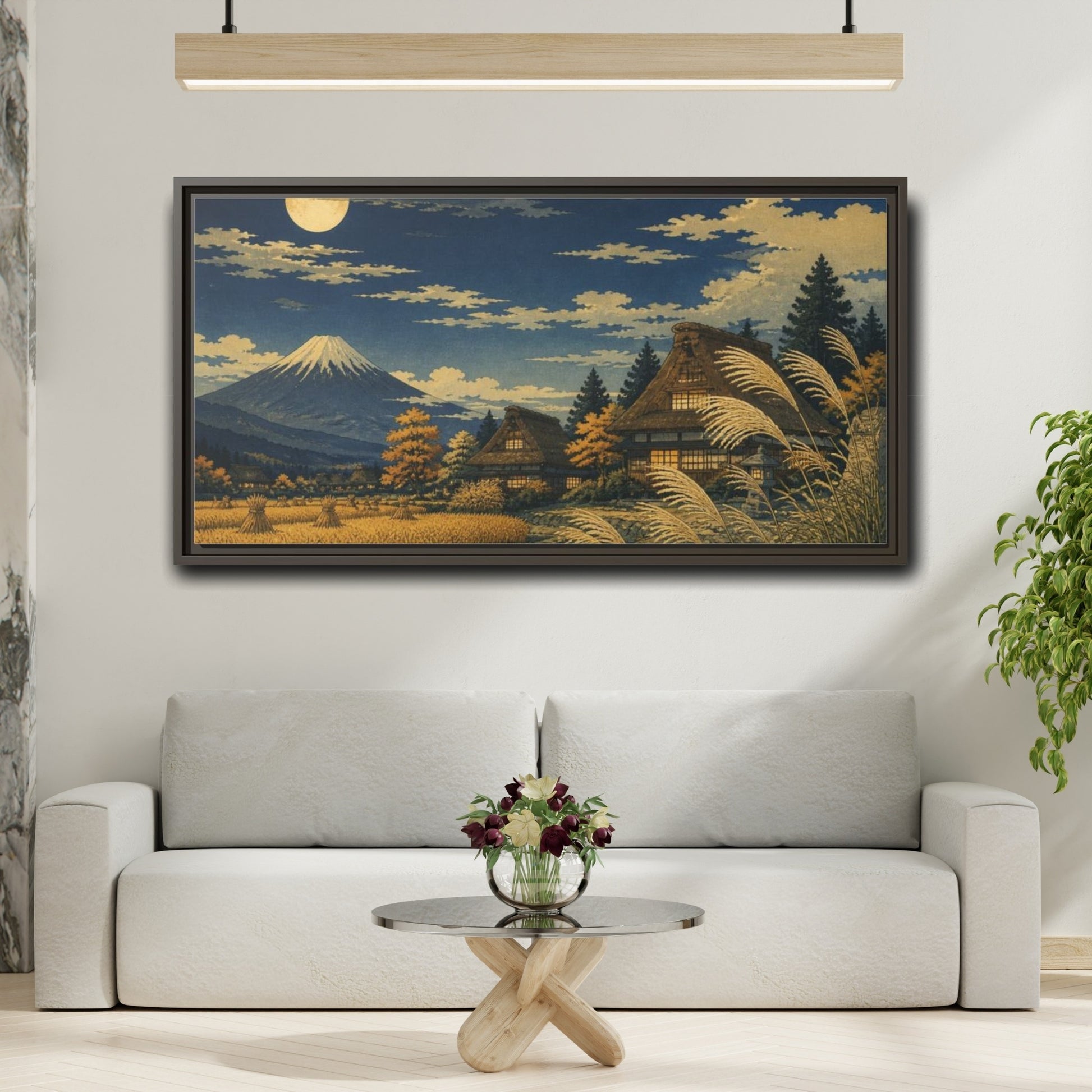 Mockup 2. Japanese Moonlit Mountain Village shown as framed canvas print