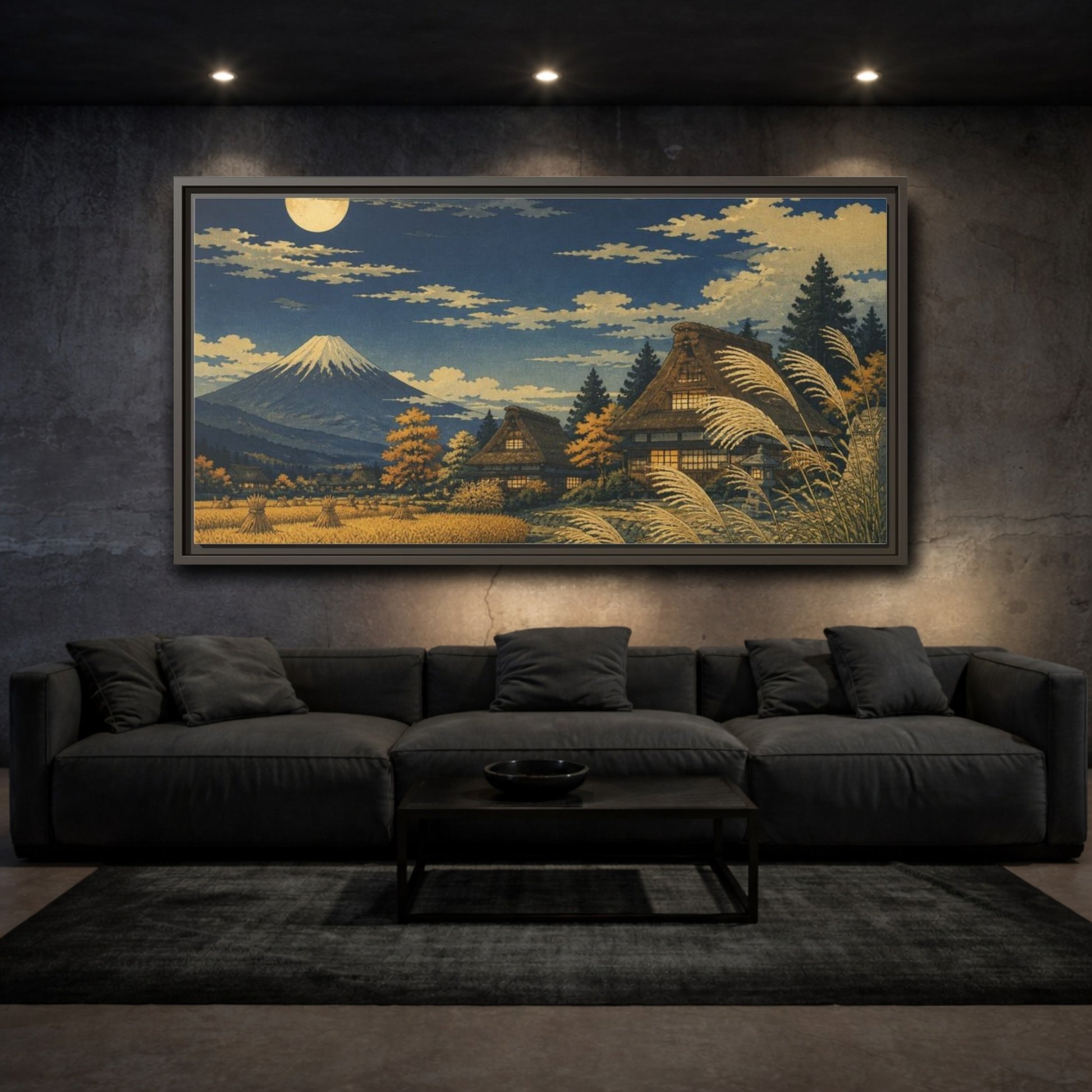 Mockup 3. Japanese Moonlit Mountain Village shown as framed canvas print