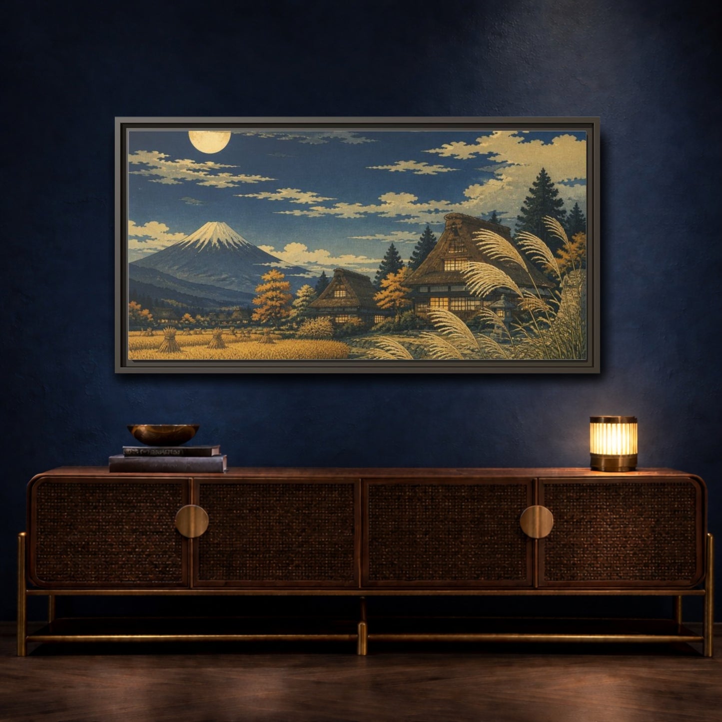 Mockup 4. Japanese Moonlit Mountain Village shown as framed canvas print