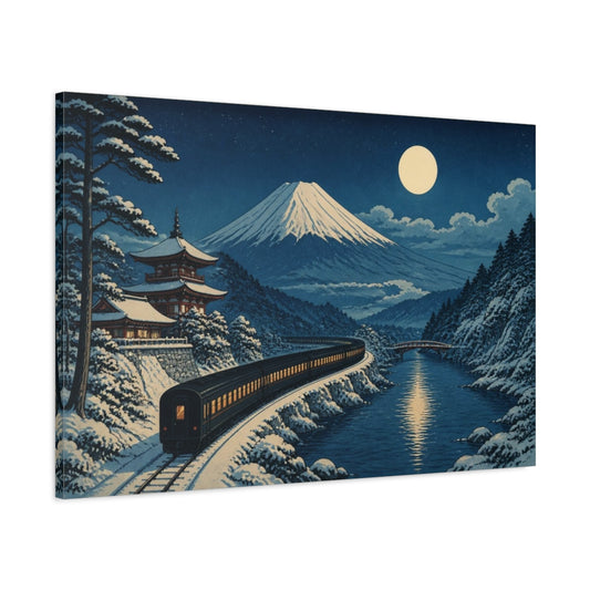 Main Mockup. Japanese Moonlit Night Train shown as canvas print