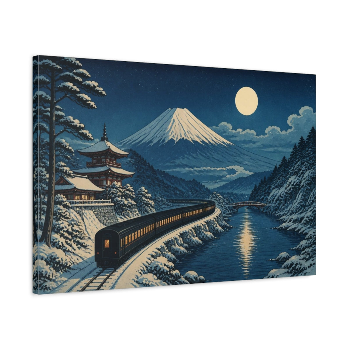 Side Mockup 2. Japanese Moonlit Night Train shown as canvas print