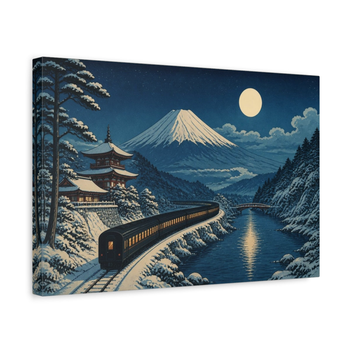 Side Mockup 4. Japanese Moonlit Night Train shown as canvas print