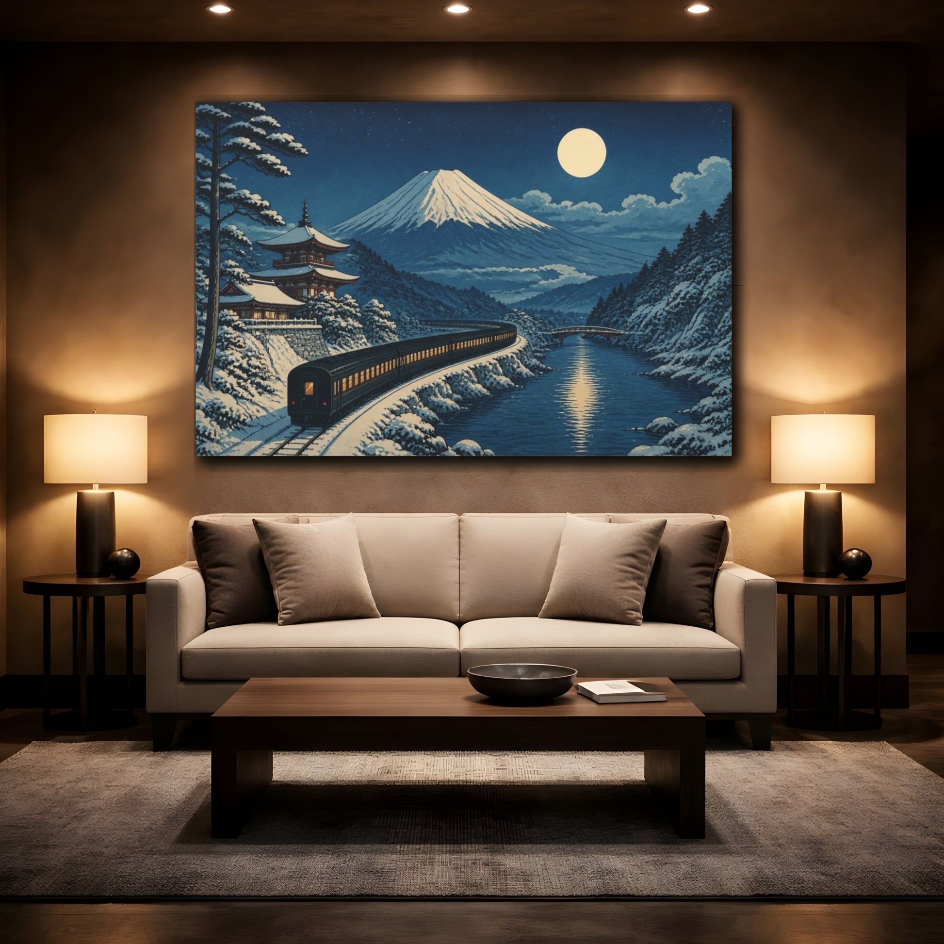 Mockup 2. Japanese Moonlit Night Train shown as canvas print
