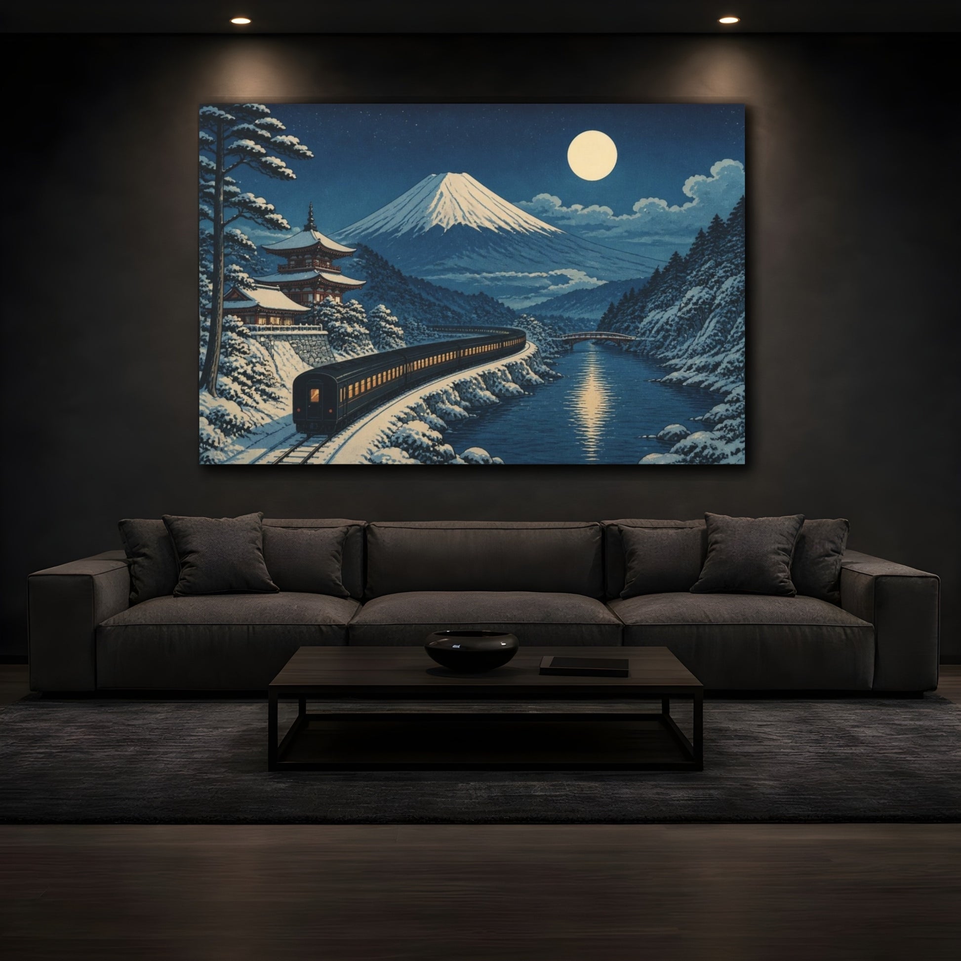 Mockup 3. Japanese Moonlit Night Train shown as canvas print