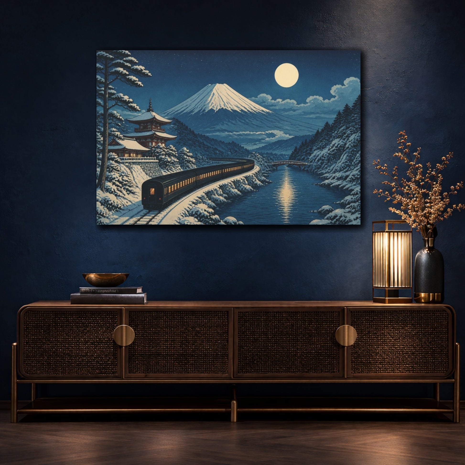 Mockup 4. Japanese Moonlit Night Train shown as canvas print