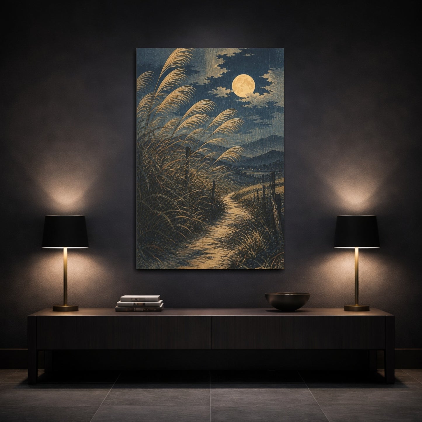 Mockup 3. Japanese Moonlit Pampas Path shown as canvas print