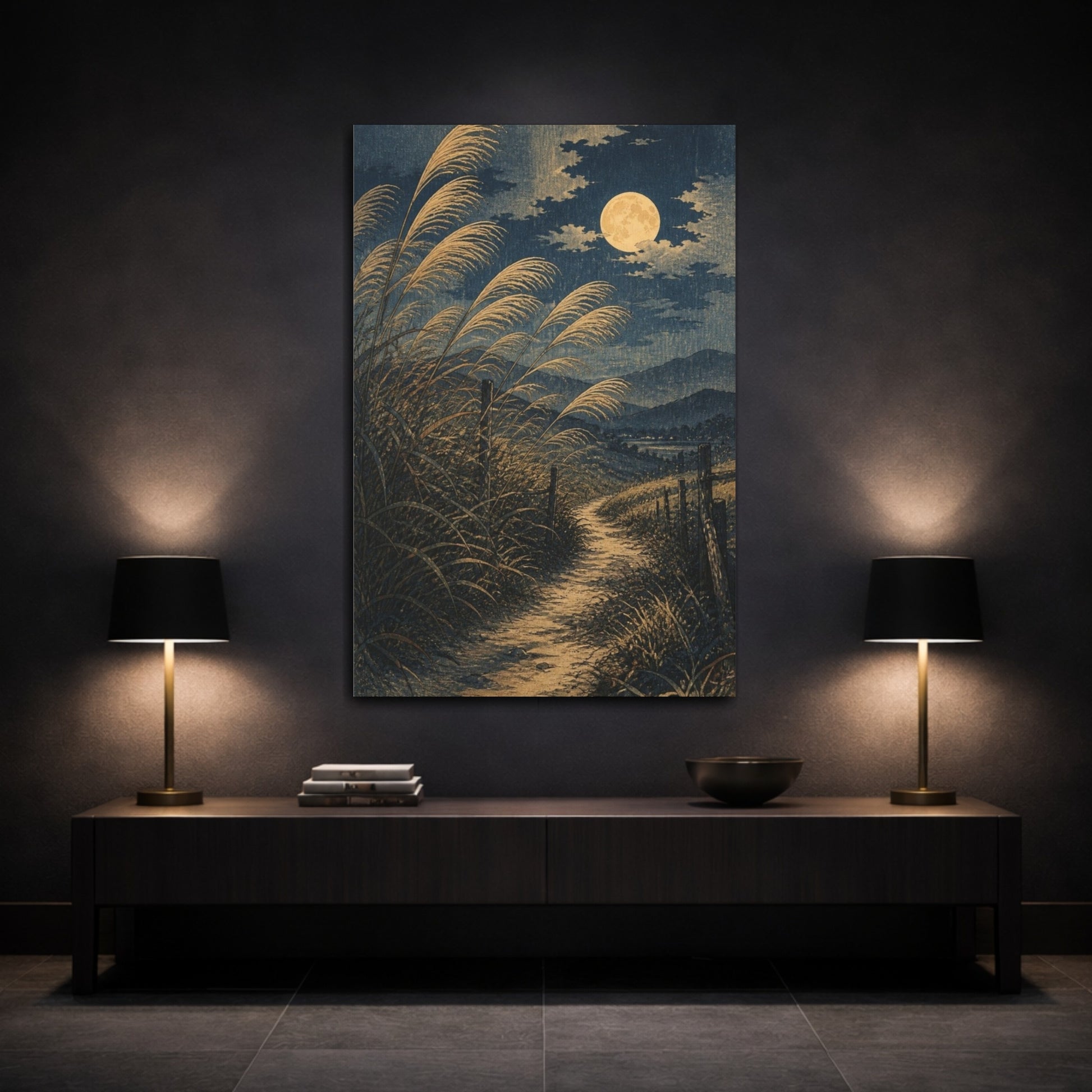 Mockup 3. Japanese Moonlit Pampas Path shown as canvas print
