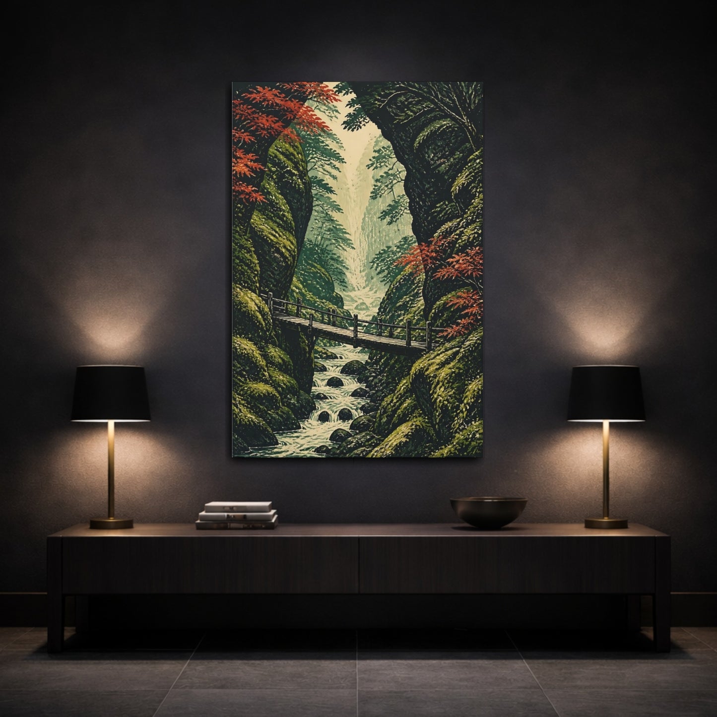 Mockup 3. Japanese Mossy Footbridge shown as canvas print
