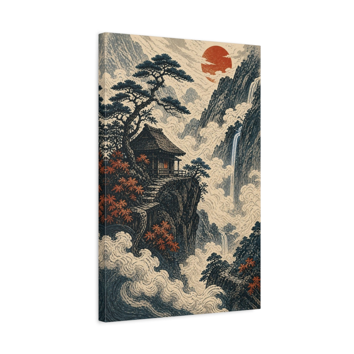 Side Mockup 3. Japanese Mountain Hermit Hut shown as canvas print