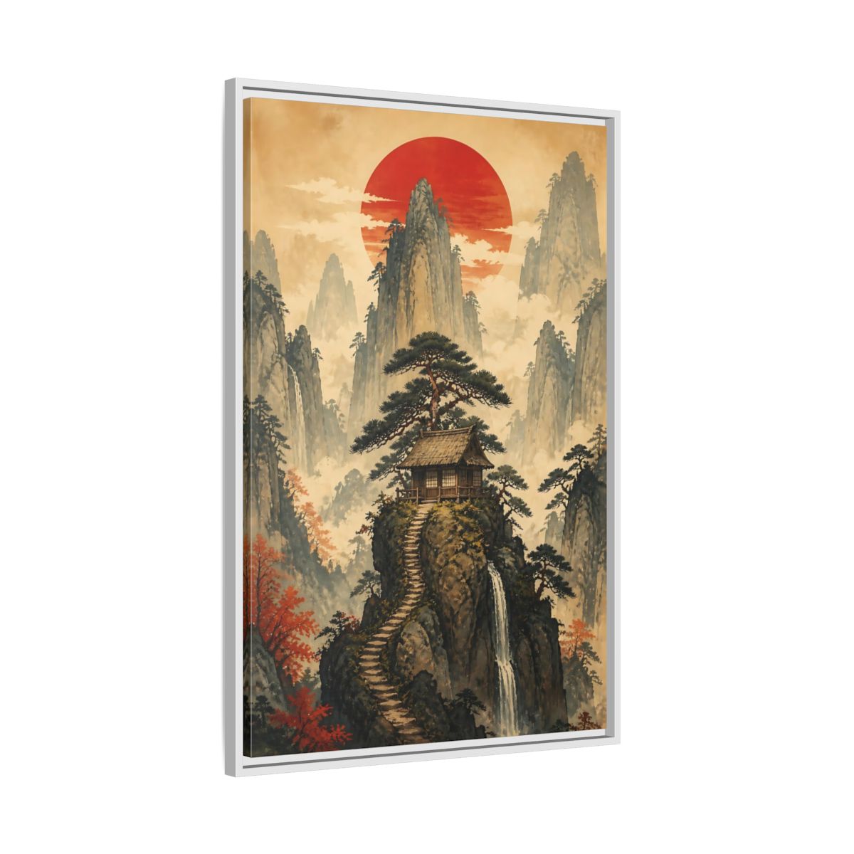 Side Mockup 9. Japanese Mountain Hut shown as framed canvas print