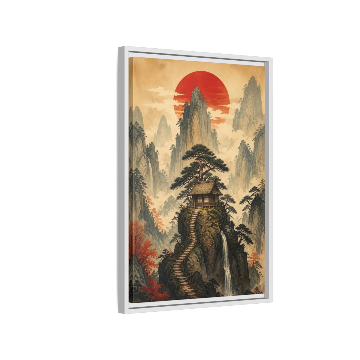 Side Mockup 1. Japanese Mountain Hut shown as framed canvas print