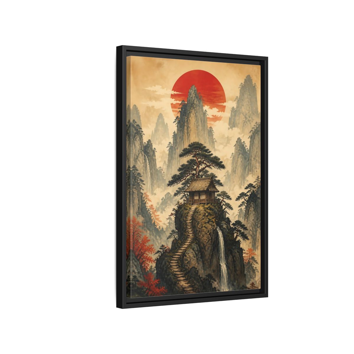 Side Mockup 3. Japanese Mountain Hut shown as framed canvas print