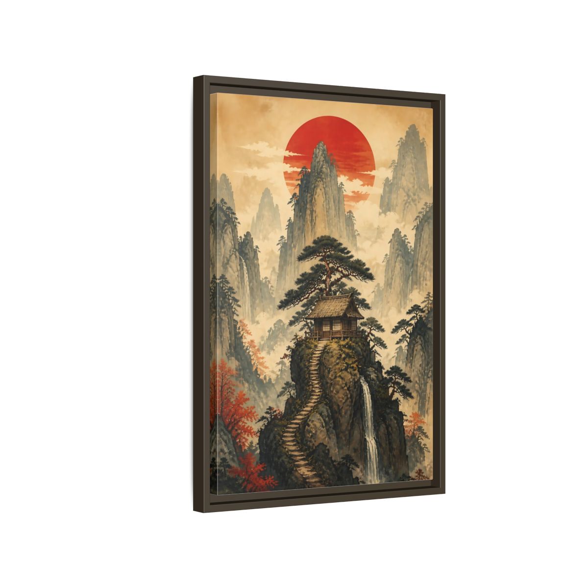Side Mockup 2. Japanese Mountain Hut shown as framed canvas print