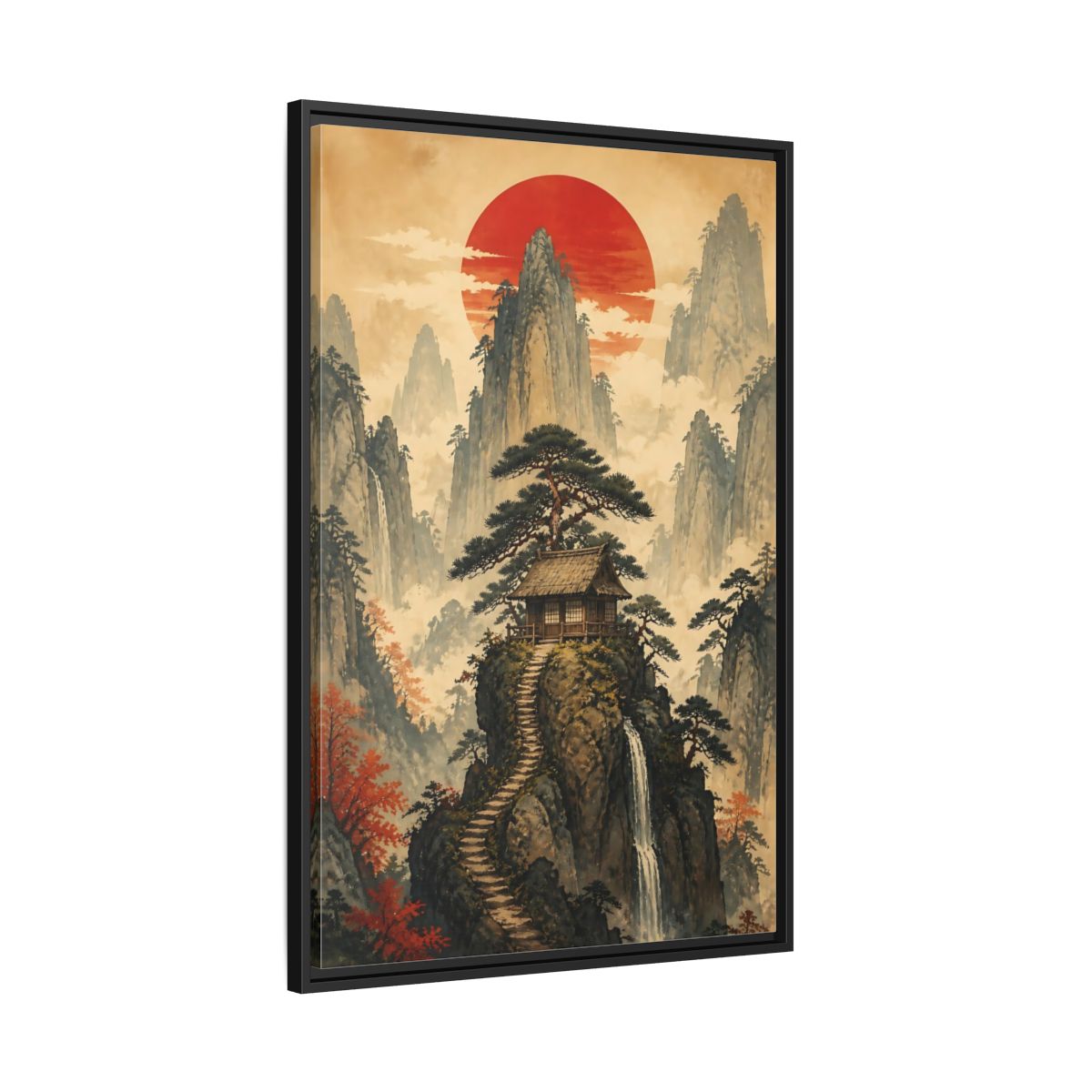 Side Mockup 13. Japanese Mountain Hut shown as framed canvas print