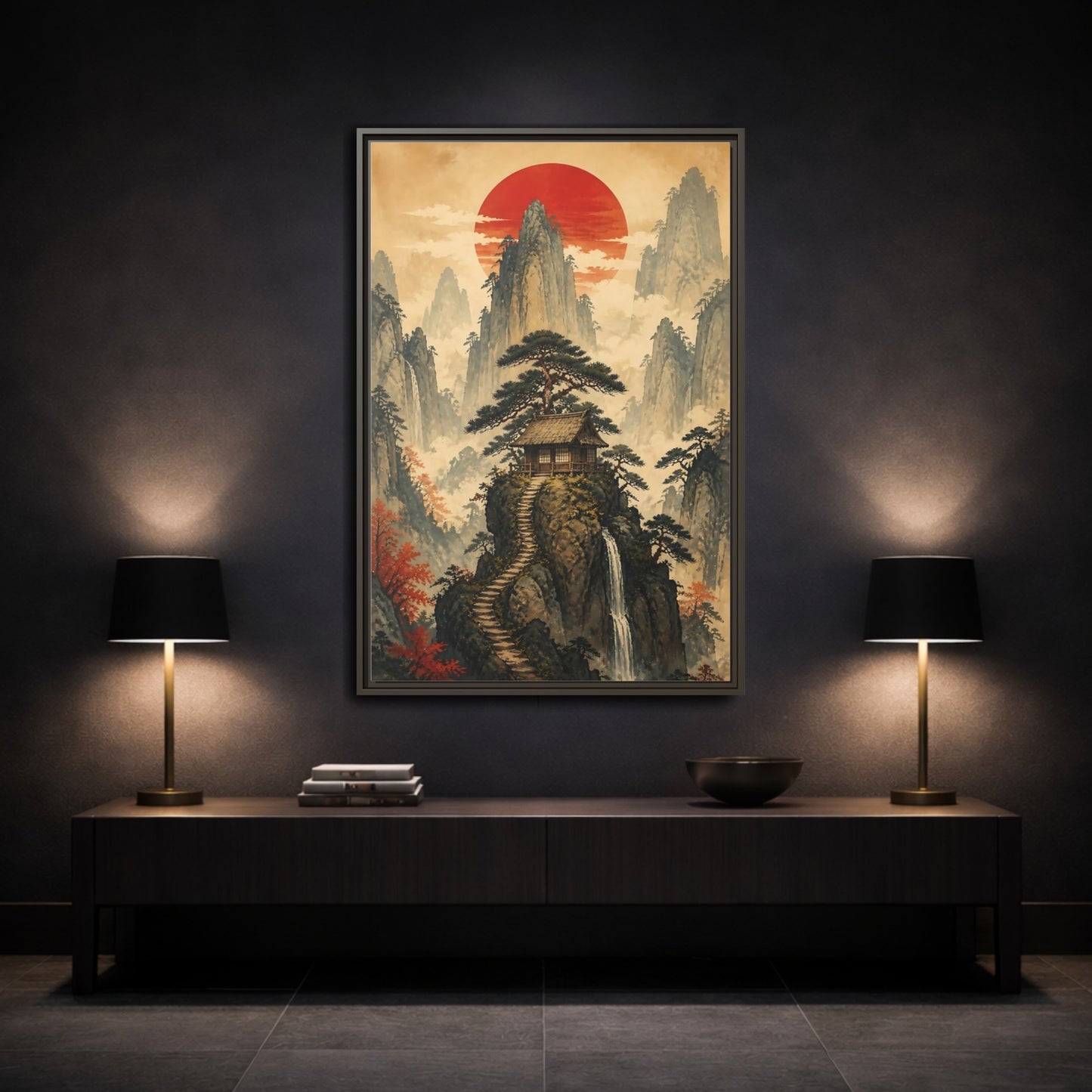 Mockup 3. Japanese Mountain Hut shown as framed canvas print