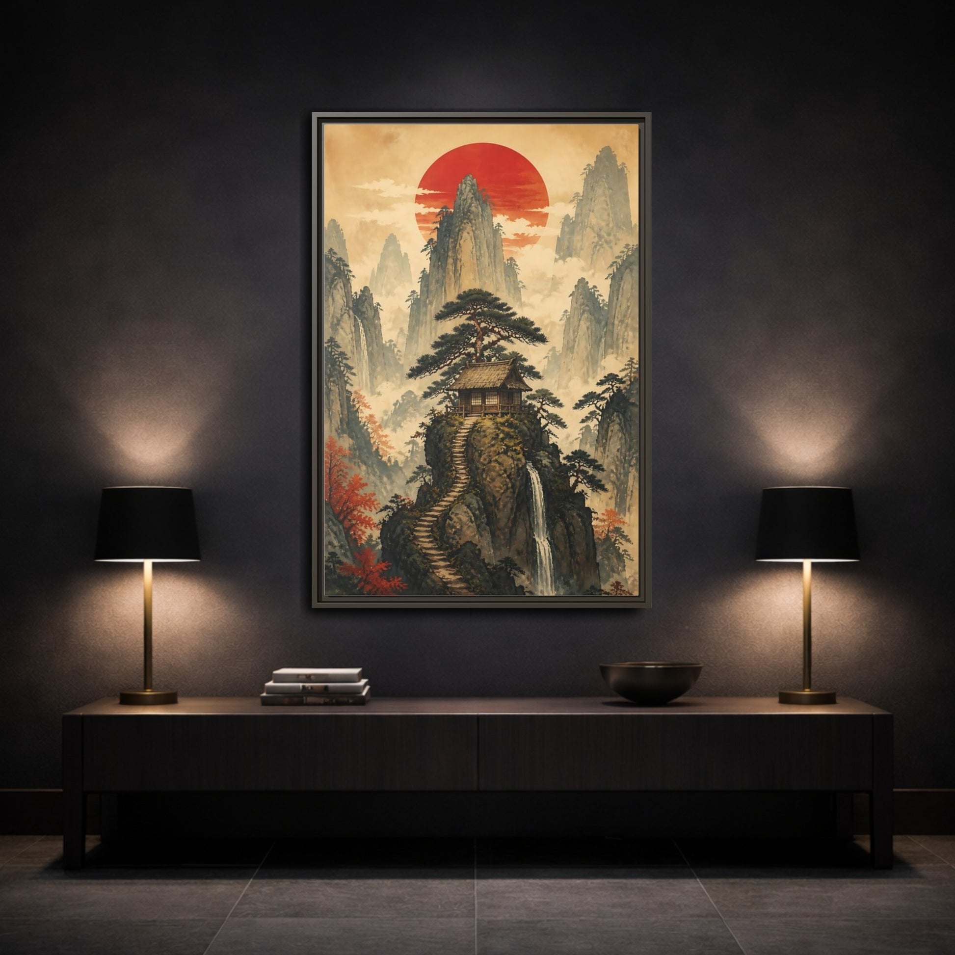 Mockup 3. Japanese Mountain Hut shown as framed canvas print