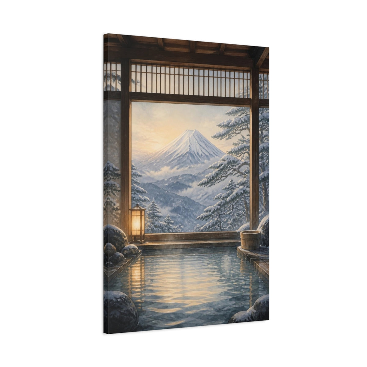 Main Mockup. Japanese Onsen Mountain View shown as canvas print