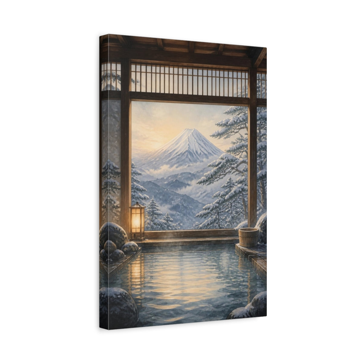 Side Mockup 4. Japanese Onsen Mountain View shown as canvas print