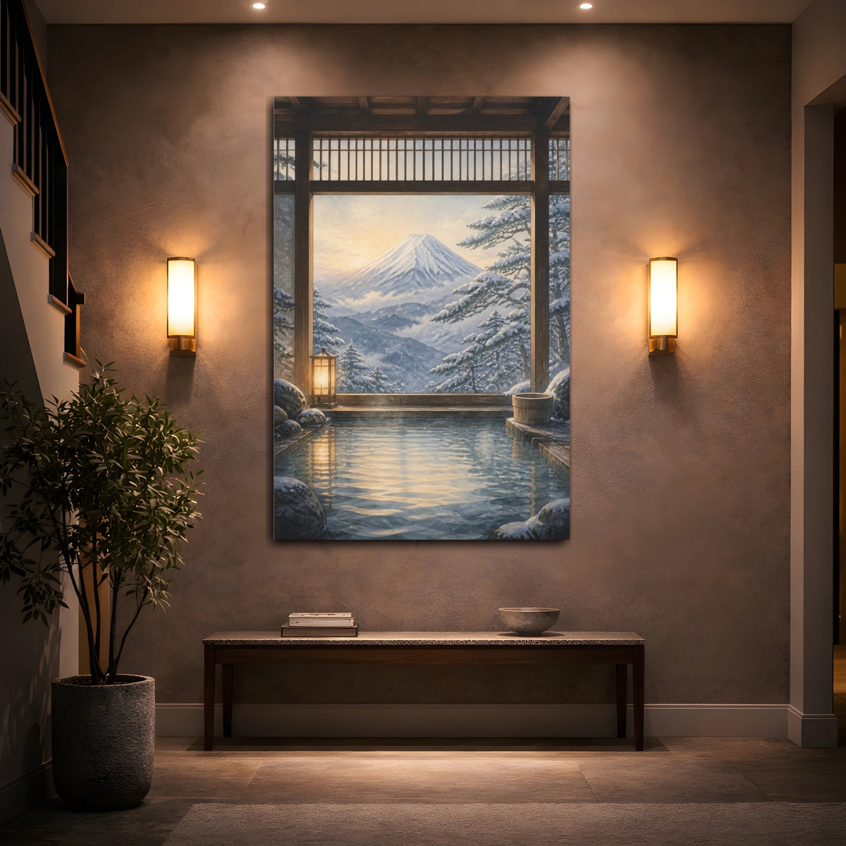 Mockup 2. Japanese Onsen Mountain View shown as canvas print