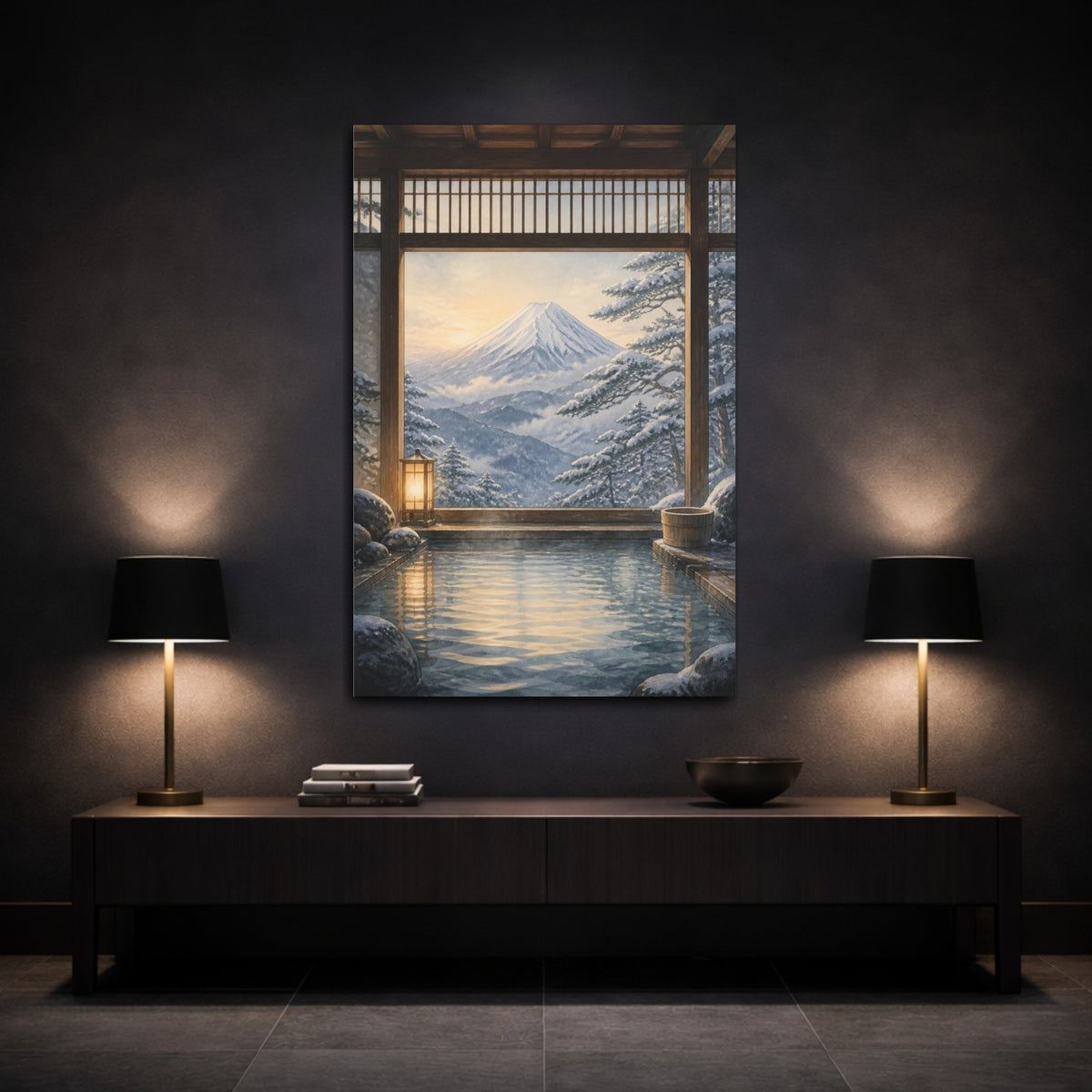 Mockup 3. Japanese Onsen Mountain View shown as canvas print