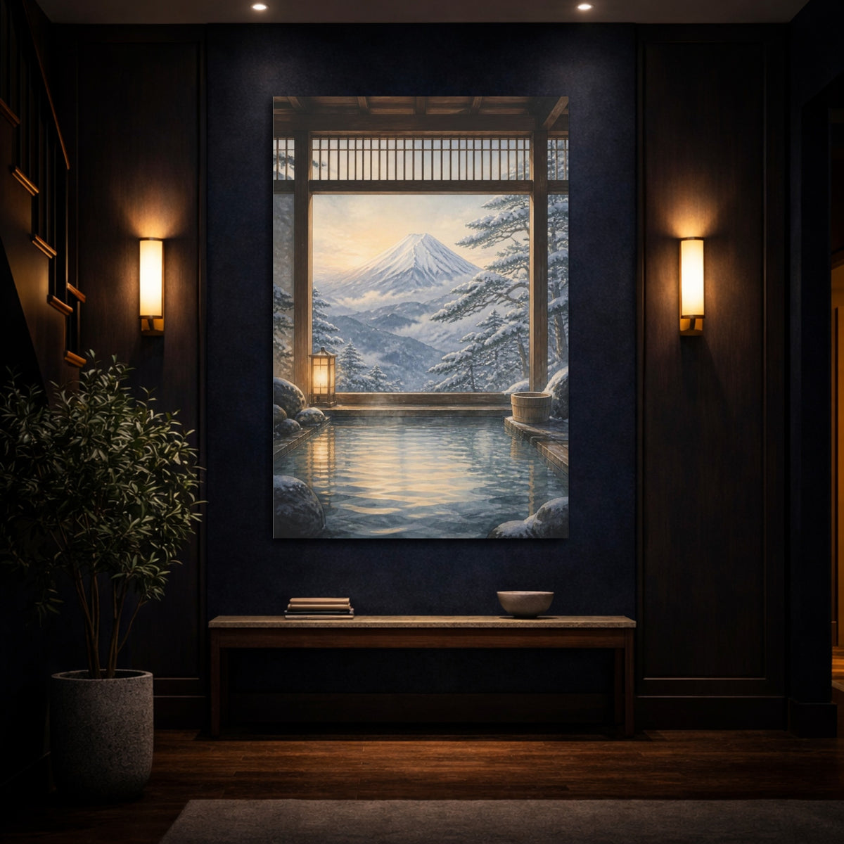 Mockup 4. Japanese Onsen Mountain View shown as canvas print