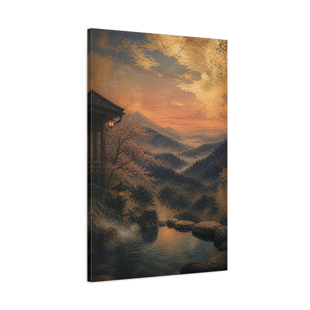 Main Mockup. Japanese Onsen Twilight shown as canvas print