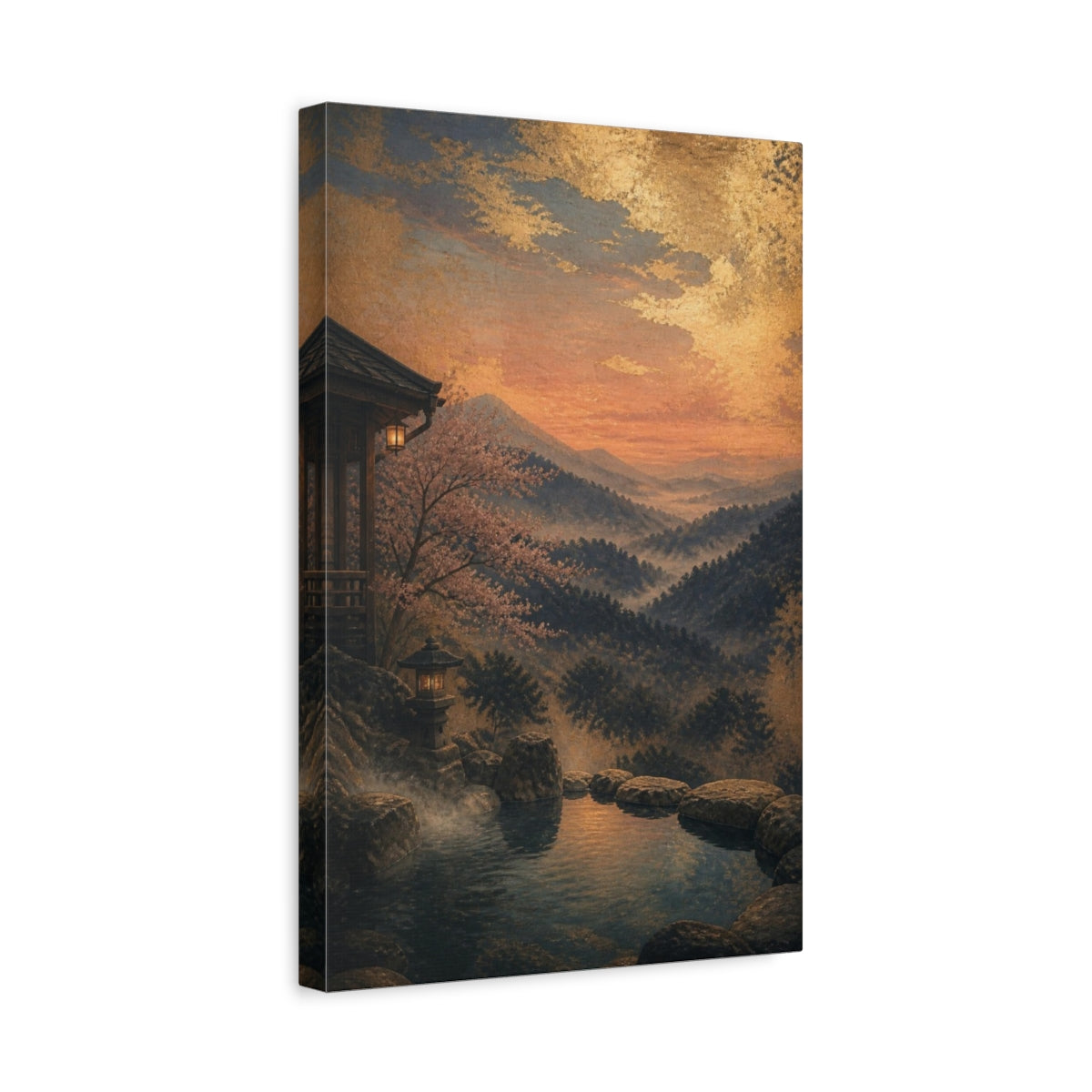 Side Mockup 4. Japanese Onsen Twilight shown as canvas print