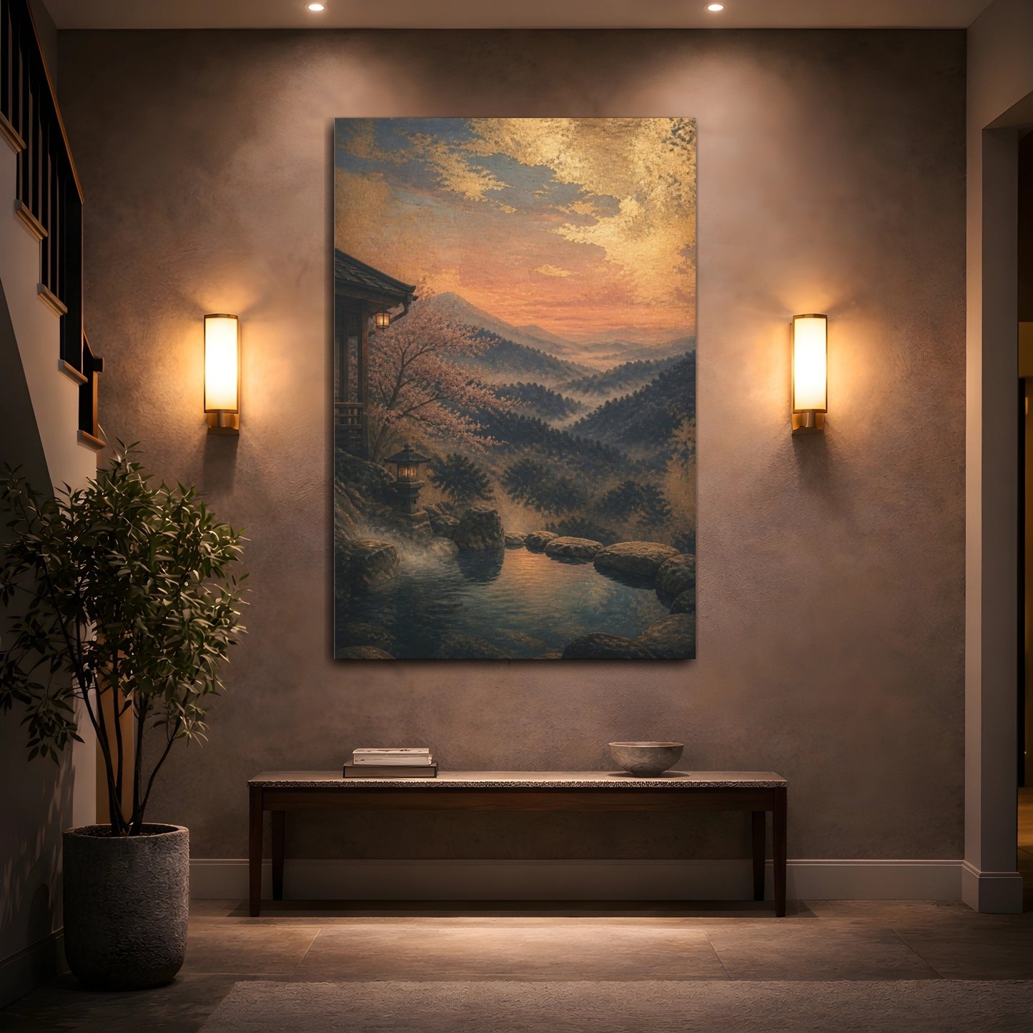 Mockup 2. Japanese Onsen Twilight shown as canvas print