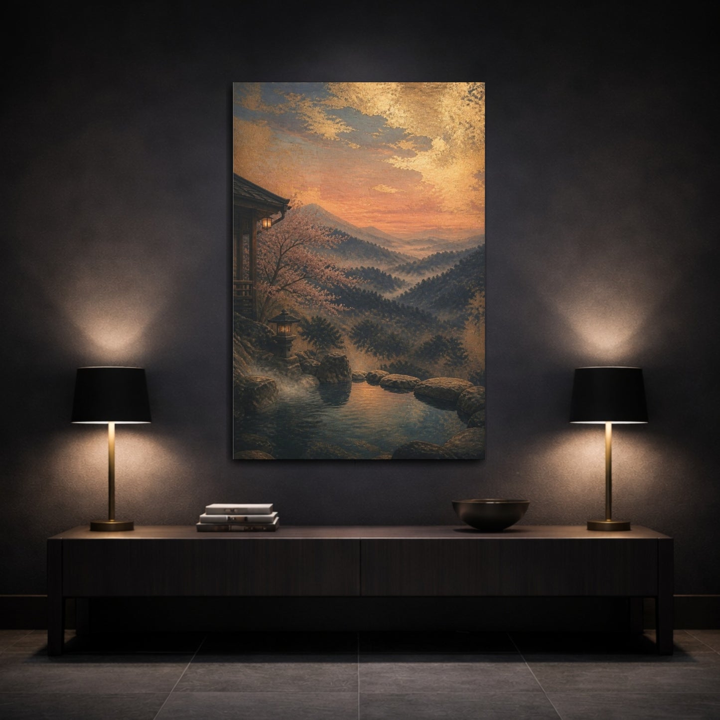 Mockup 3. Japanese Onsen Twilight shown as canvas print
