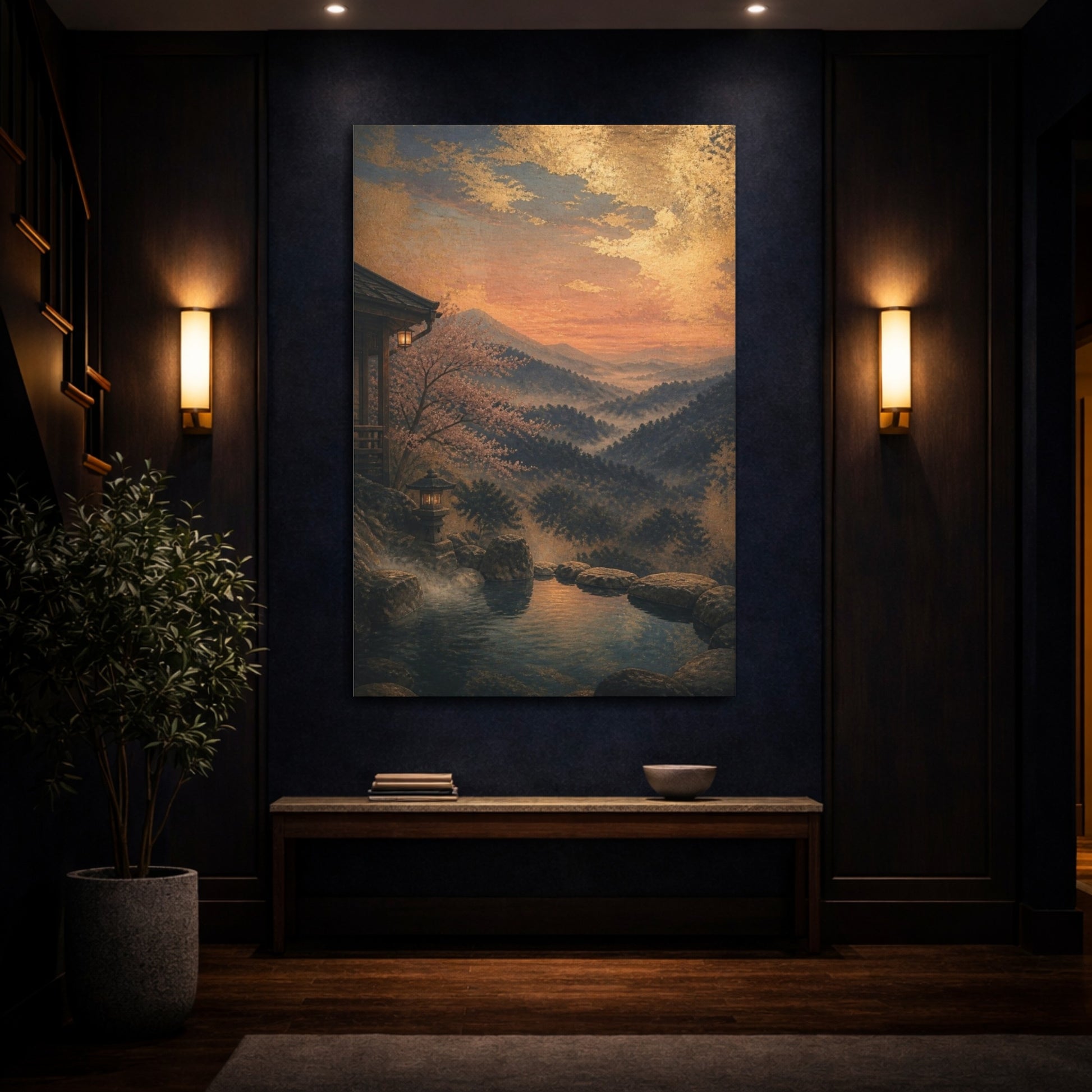 Mockup 4. Japanese Onsen Twilight shown as canvas print
