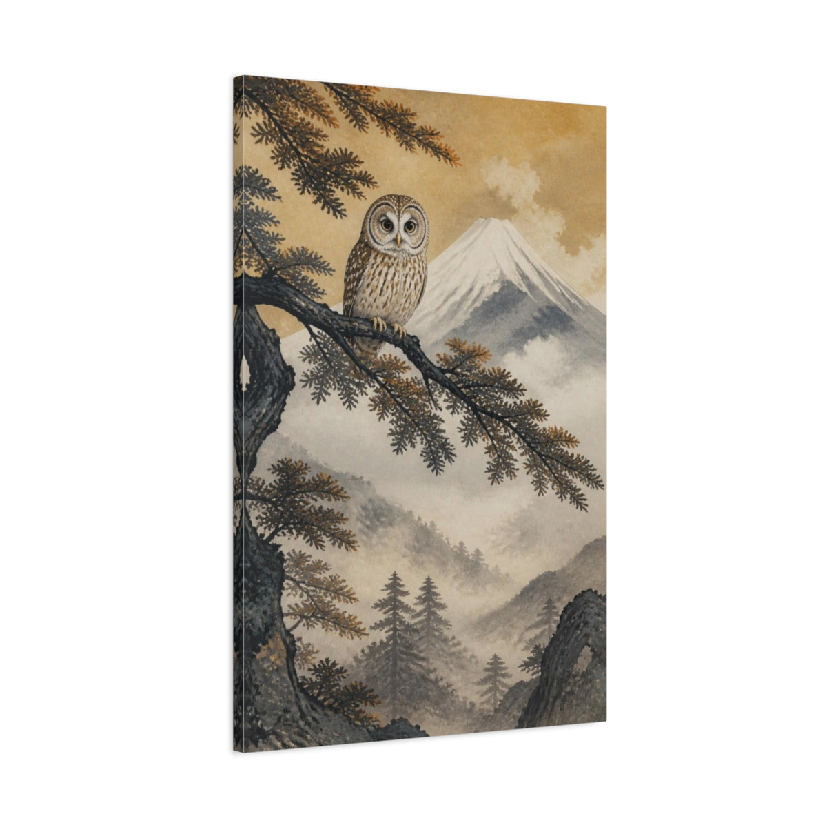 Main Mockup. Japanese Owl On Cedar shown as canvas print