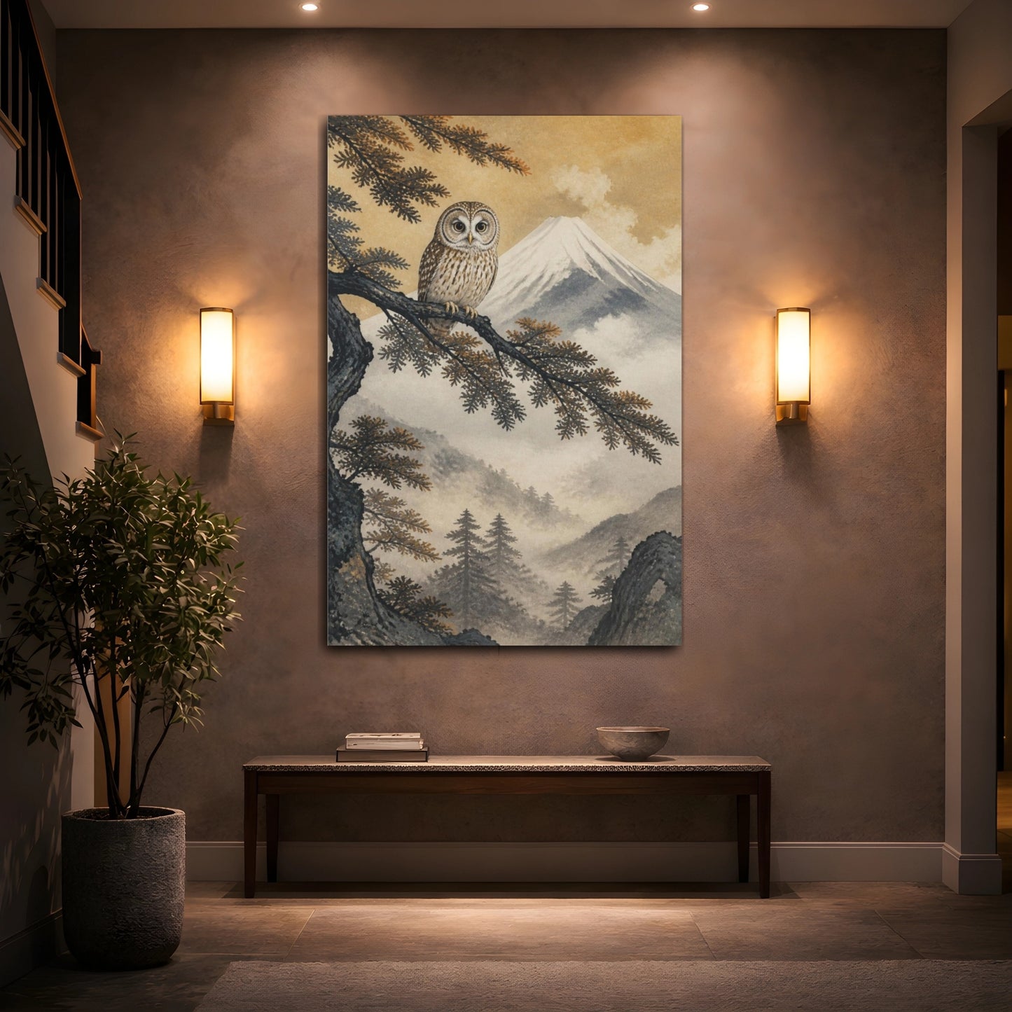 Mockup 2. Japanese Owl On Cedar shown as canvas print