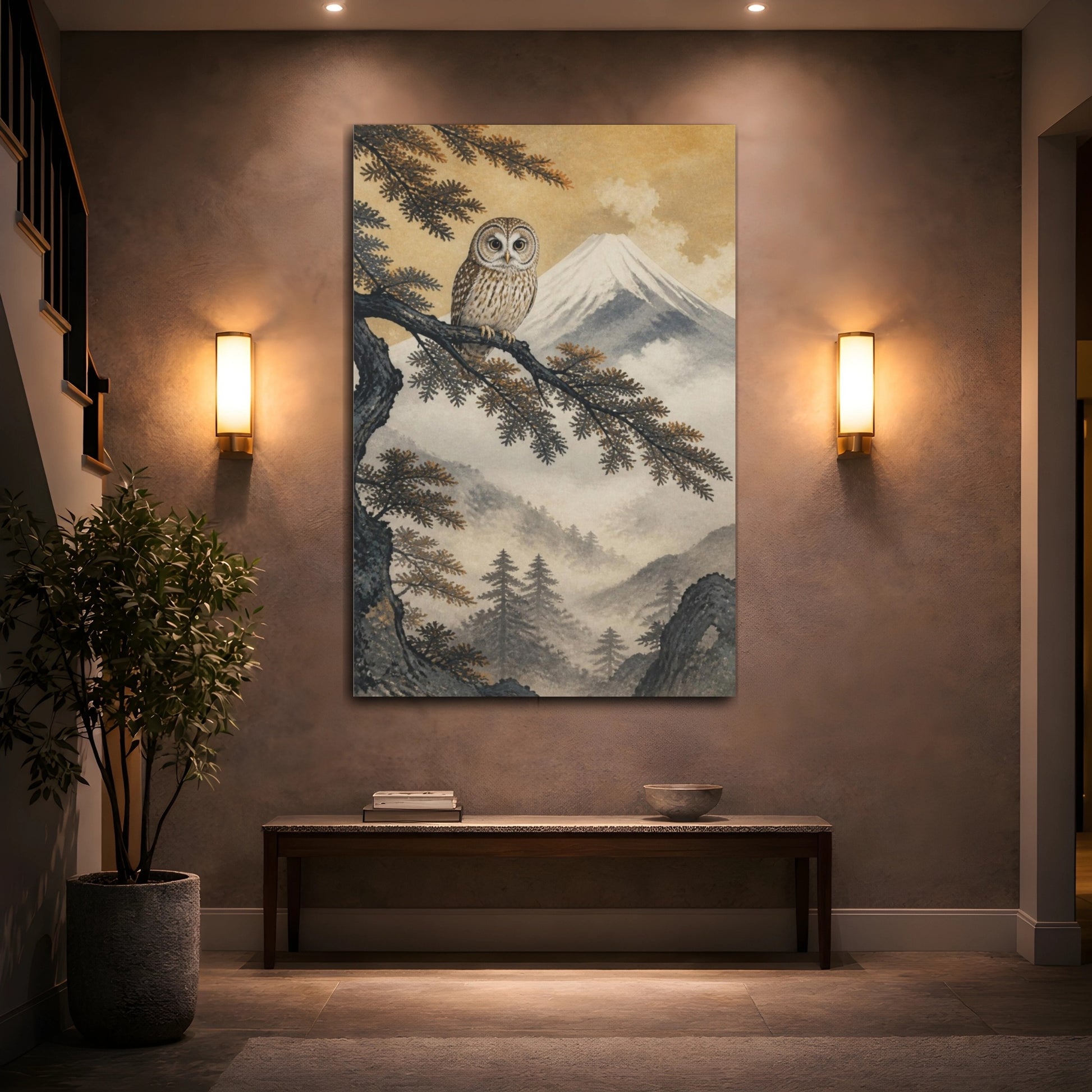 Mockup 2. Japanese Owl On Cedar shown as canvas print