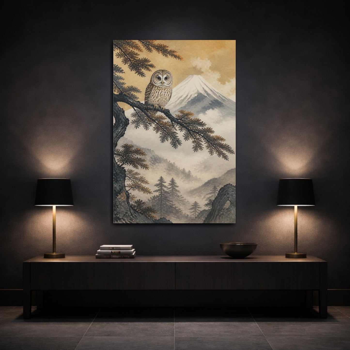Mockup 3. Japanese Owl On Cedar shown as canvas print