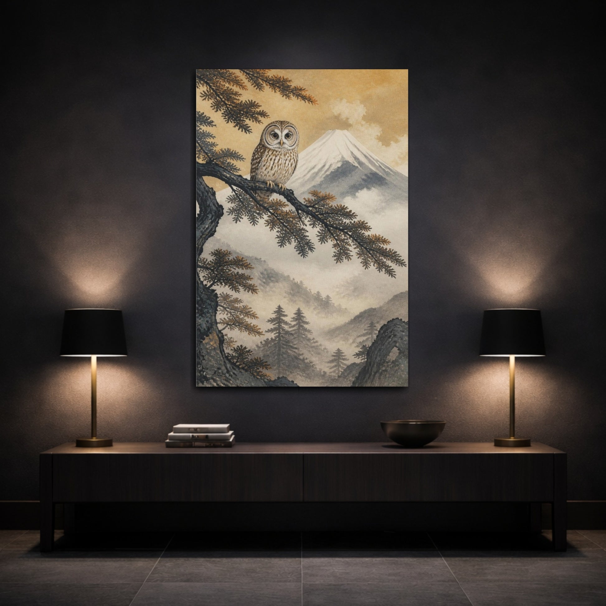 Mockup 3. Japanese Owl On Cedar shown as canvas print